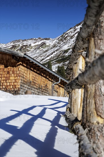 Snow-covered mountain hut with wood in a sunny winter landscape, Neukirchen am Großvenediger, Salzburg, Austria, Europe