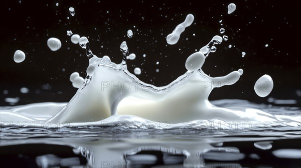 Milk splash impact with droplets colliding in mid-air against a dark backdrop, capturing dynamic motion, AI generated