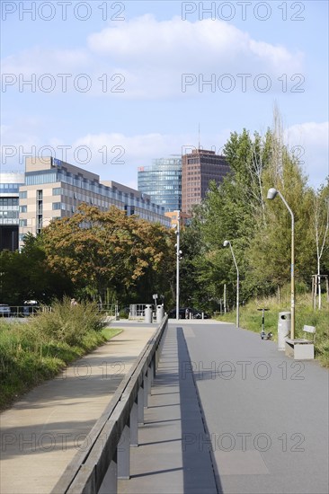 Berlin, Germany, September 7, 2021, late summer view from Park am Gleisdreieck to Potsdamer Platz with Bahntower, Kollhof-Kower and buildings at linkstraße, Europe