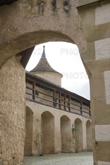 Monastery courtyard and medieval battlements, Comburg, Benedictine monastery, Way of St James, Schwäbisch Hall-Steinbach, Kocher Valley, Kocher, Hohenlohe, Baden-Württemberg, Germany, Europe