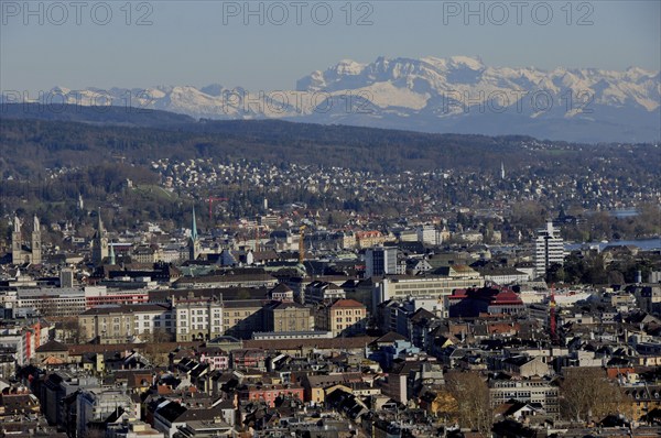 Panoramic view of Zurich city with the Alps in the background from Switzerland's second-highest skyscraper