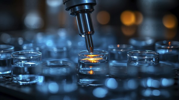 Microscope focusing light on test tubes in a lab setting, featuring blue lighting and orange reflections, AI generated