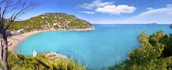 Aerial view of Caleta de Sant Vicent in Ibiza island cala de san Vicente