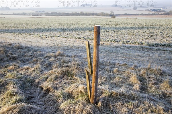 Frosty morning landscape looking south west from Windmill Hill, Avebury, Wiltshire, England, UK toward Cherhill monument