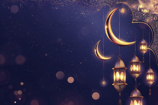 The essence of Ramadan with golden lanterns illuminating the dark night, adorned by a crescent moon and sparkling stars, AI generated