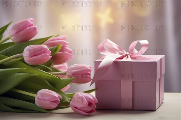 Gift Box with Pink Ribbon Beside bouquet of Fresh Tulips on Bokeh Background. Good for Valentine day, March 8, mother day, spring holidays, birthday designs, AI generated