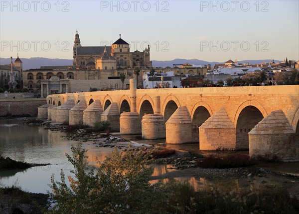 Roman bridge spanning river Rio Guadalquivir with Mezquita cathedral buildings, Cordoba, Spain, Europe