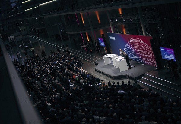 Friedrich Merz, Chairman of the CDU/CSU parliamentary group in the German Bundestag and Alexander Dobrindt, First Deputy Chairman of the CDU/CSU parliamentary group in the German Bundestag recorded at the event, Wir hören zu | Gipfel der CDU/CSU-Fraktion I Wirtschaftswende für Deutschland at the German Bundestag in Berlin, 1 February 2024