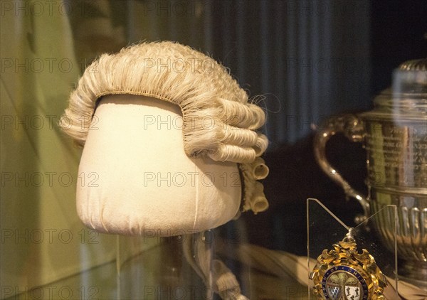 Display old fashioned judge's wig with permission of Chippenham museum, Wiltshire, England, UK