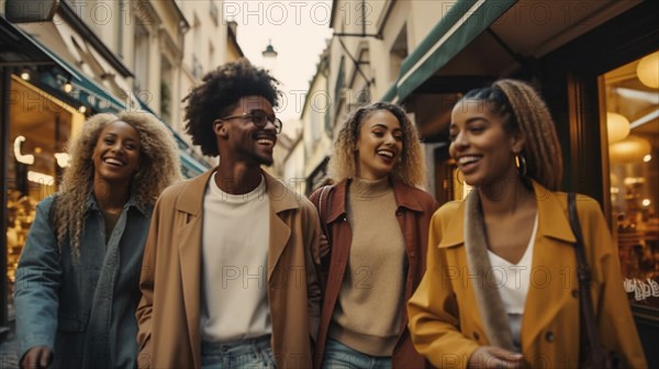 A happy multi-ethnic group of young adult friends walk along the streets of europe, generatvie AI, AI generated