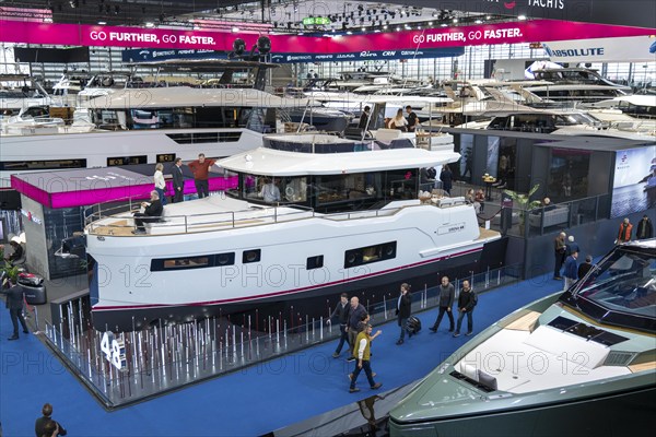 Large yachts, luxury yachts, in Hall 6 of BOOT 2024, the world's largest yacht and water sports trade fair in Düsseldorf, North Rhine-Westphalia, Germany, Europe