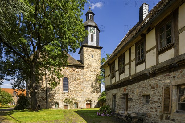 The Lippoldsberg Monastery with the Church of St George and St Mary is a former Benedictine monastery that was the origin of the village of Lippoldsberg on the Weser in northern Hesse. The roofs are covered with sandstone slabs, Lippoldsberg, Lippoldsberg, Hesse, Germany, Europe