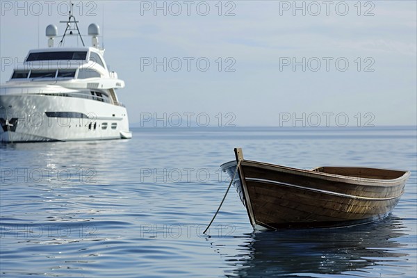 Concept for economic and social inequality showing small poor wooden fishing boat and luxury yacht in background. Generative Ai, AI generated