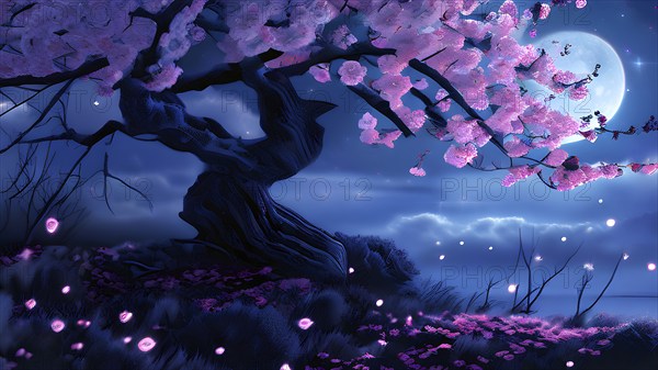 Sakura tree blossoming with pink petals and branches reaching towards a star studded night sky, AI generated