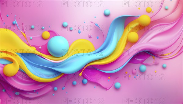 Abstract image with colorful yellow and turquoise blobs and liquid shapes on a pink background, AI generated