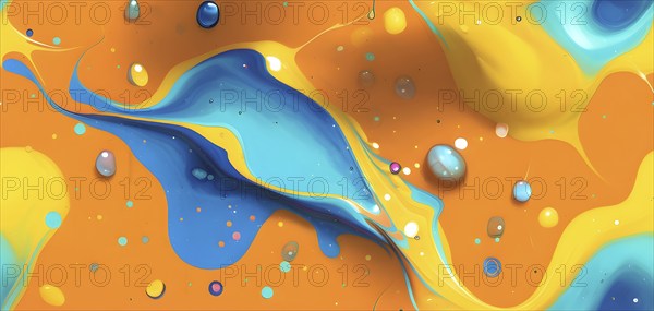 Abstract wallpaper with colorful turquoise and yellow blobs and liquid shapes on a orange background, AI generated