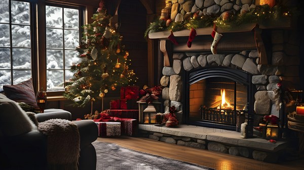 Traditional stone fireplace decorated for Christmas, with garlands, stockings, and candles, set in a cozy, snow-draped winter cabin, AI generated