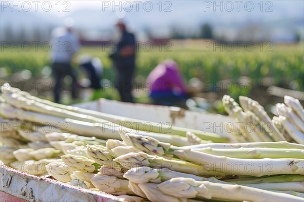 Box with white asparagus vegetables with blurry agricultural field with workers at harvest in background. KI generiert, generiert AI generated