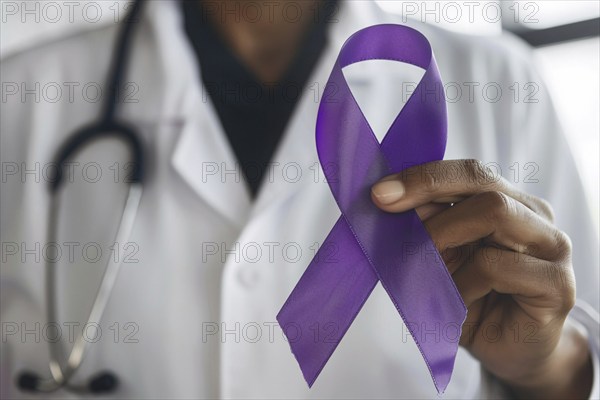 Doctor's hand holding large purple Alzheimer disease awareness ribbon. KI generiert, generiert, AI generated