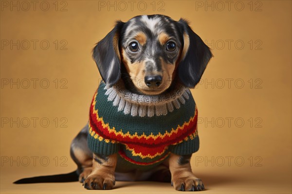 Merle Dachshund dog with warm winter sweater on studio background. KI generiert, generiert AI generated