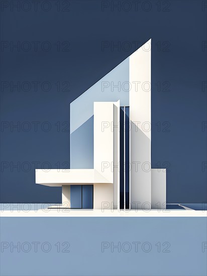 Minimalist architectural composition of modern buildings, with clean angles, rendered in geometric forms and soft hues of grey, cream, and light blue, AI generated