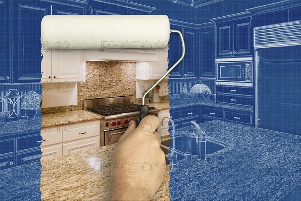 Before and after of man painting roller to reveal custom kitchen photograph under blueprint sketch drawing plans