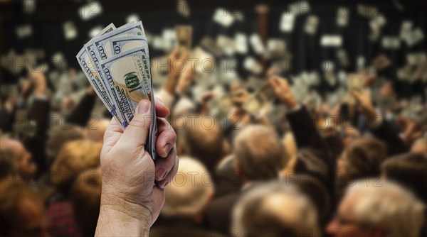 Male hand holding up 5 one hundred dollar bills at an auction. the background is generative AI., AI generated