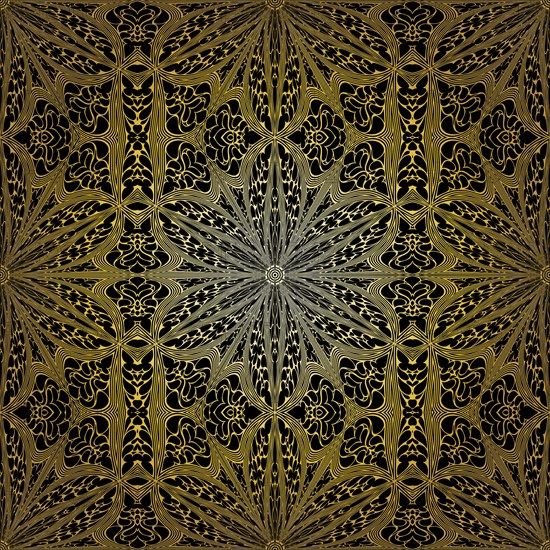 Geometric gold lace seamless pattern. Arabic tile lattice vector background.