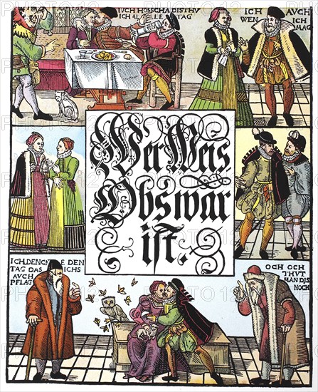 Who knows if it is true, Satirical woodcut by an anonymous Augsburg master on the love oaths of men, around 1550, Historical, digitally restored reproduction from a 19th century original, around 1890, Record date not stated