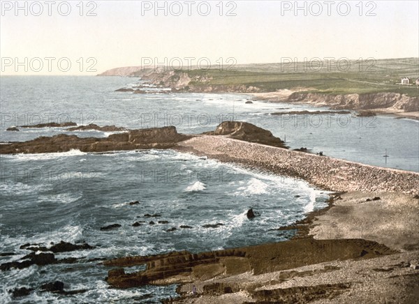 Bude, entrance to the harbour and breakwater, village on the north coast of the county of Cornwall near the border with the county of Devon in southwest England, Historical, c. 1900, digitally restored reproduction after an original from the 19th century Bude, entrance to the harbour and breakwater, village on the north coast of the county of Cornwall near the border with the county of Devon in southwest England, Historical, c. 1900, digitally restored reproduction after an original from the 19th century