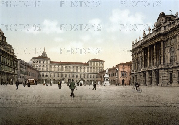 Castle Square with Royal Palace and Madama Palace, Turin, Italy, Historical, digitally restored reproduction from a 19th century original, Record date not stated, Europe