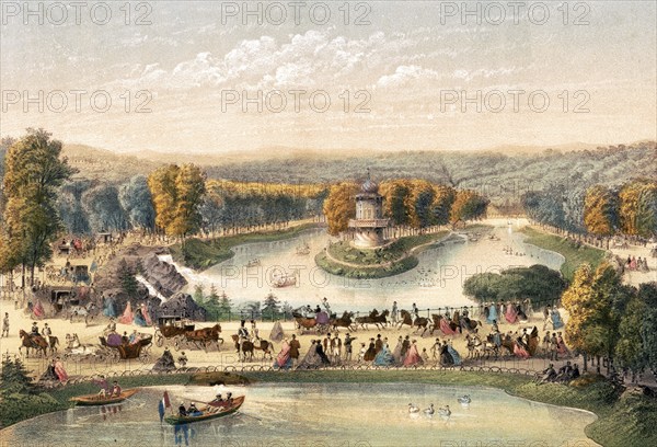 Lakes at the Bois de Boulogne, Paris around 1870, France, Historical, digitally restored reproduction from a 19th century original, Record date not stated, Europe