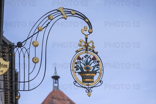 Nose tag with flower motif from a flower shop, Rottweil, Baden-Württemberg, Germany, Europe