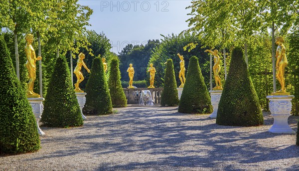 Golden sculptures from the Garden Theatre in the Great Garden, Herrenhausen Gardens, Hanover, Lower Saxony, Germany, Europe