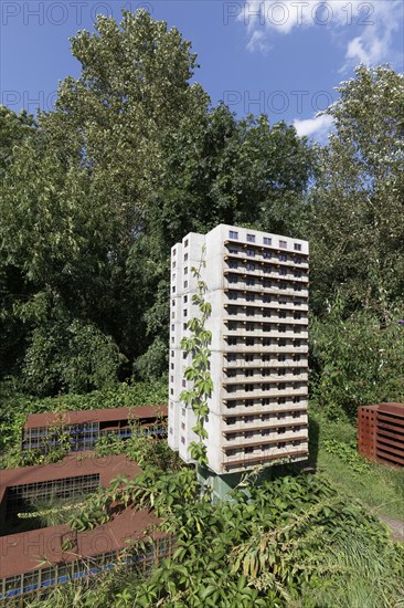 Already demolished residential tower in miniature format, art installation Neustadt by Marta Dyachenko and Julius von Bismarck on the Emscherkunstweg, Landschaftspark Duisburg-Nord, Duisburg, North Rhine-Westphalia, Germany, Europe