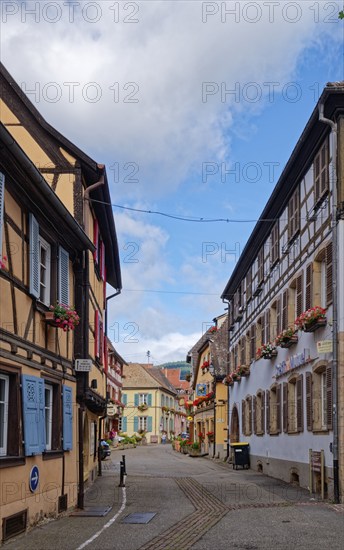 Well-kept half-timbered houses and floral decorations characterise the town centre of Eguisheim in Alsace. The town is classified as one of the Plus beaux villages de France. Eguisheim, Haut-Rhin, France, Europe