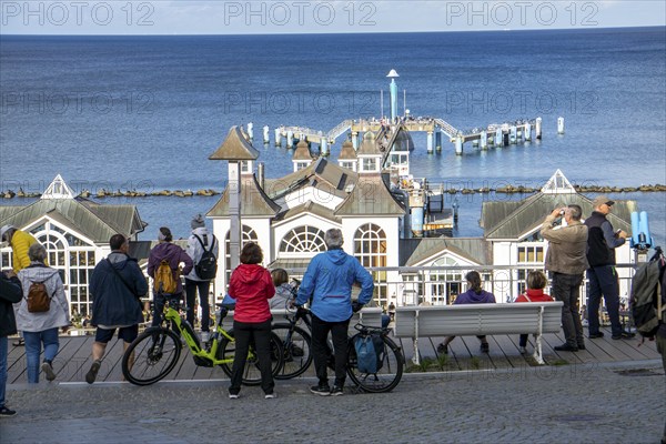 The pier of Sellin, 394 metres long, with restaurant, jetty, tourists, island of Rügen, Mecklenburg-Western Pomerania, Germany, Europe