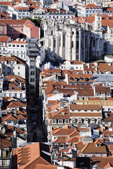 View over Lisbon, Santa Justa lift and The Church and Convent of Our Lady of Mount Carmel, Portugal, Europe