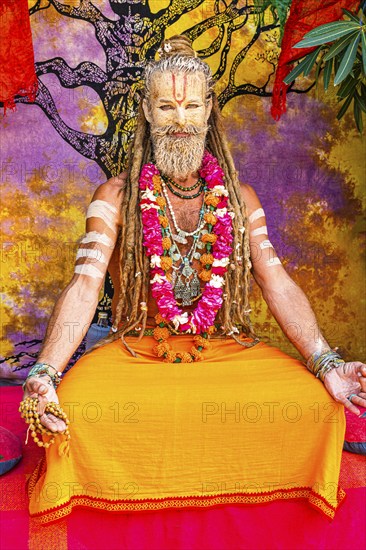 Guru performer in traditional painting and clothing at the hippie market in Es Canar, Ibiza, Balearic Islands, Mediterranean, Spain, Europe