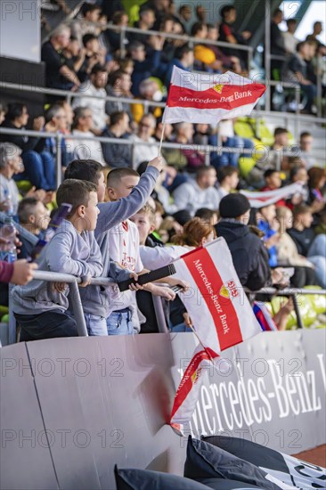 Young football fans cheer with flags in the stands, Mercedes Benz Junior Cup, Glaspalast Sindelfingen, Germany, Europe