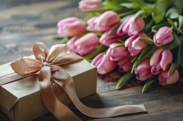 Gift Box with Pink Ribbon Beside bouquet of Fresh Tulips. Background for Valentine day, March 8, mother day, spring holidays, birthday, AI generated