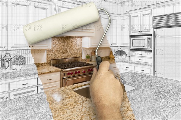 Before and after of man painting roller to reveal custom kitchen photograph under pencil sketch drawing plans