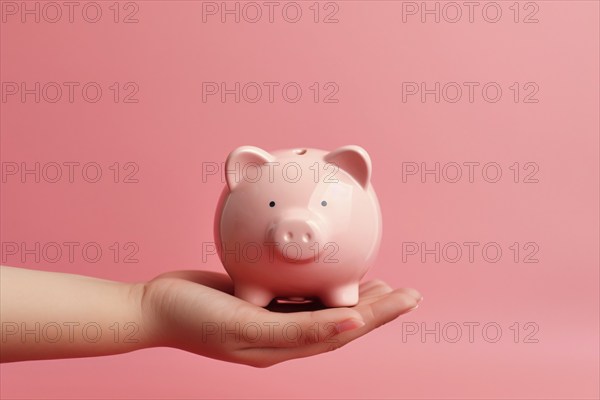 Hand holding piggy bank on pink background. KI generiert, generiert AI generated