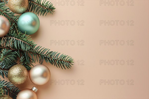 Christmas flatlay with blue and cream colored tree baubles and fir branches on beige background with copy space. Generative Ai, AI generated