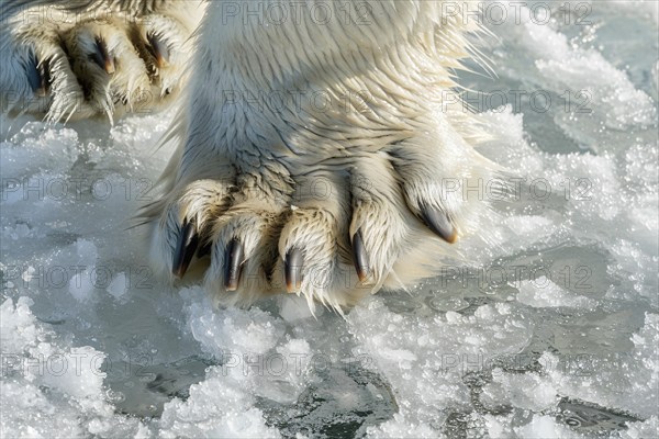 Close up of polar bear's paw staning on melting ice. Generative Ai, AI generated