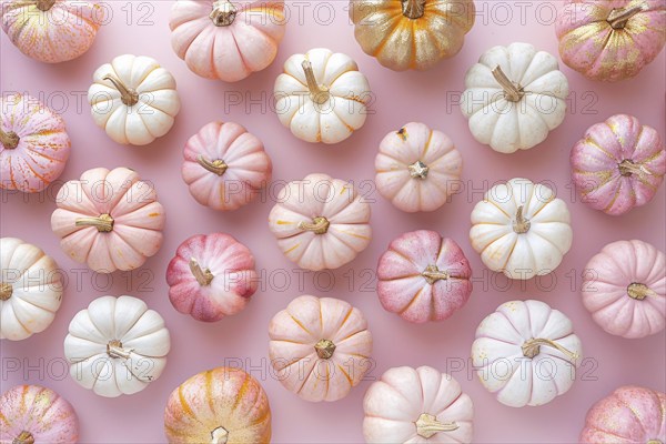 Top view of pink and golden pumpkins on pastel pink background. Generative Ai, AI generated