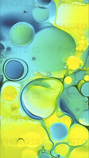 Abstract wallpaper with colorful blobs and liquid shapes on a green background, AI generated