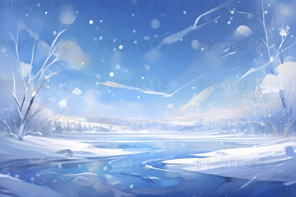 Abstract illustration of dreamy, icy landscape with swirling blues, whites, and silvers, evoking the feeling of a cold winter's breeze, AI generated