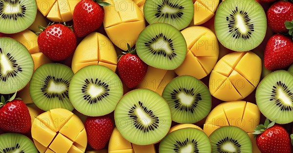 Colorful and artfully arranged slices of fruits like mangoes, strawberries, and kiwi, AI generated