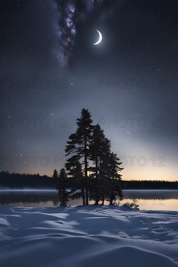 Tranquil winter night scene with a crescent moon and stars shining brightly over a frozen lake, with a line of snow-covered pine trees reflected in the lake, AI generated